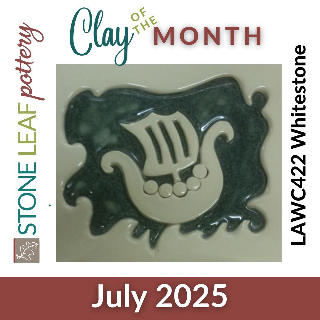 Clay of the month logo for Laguna's WC422 Whitestone clay body. The image shows a plate made from Whitestone with a stunning underglaze pencil drawing of a lion, by Denver, CO artist John Evans.
